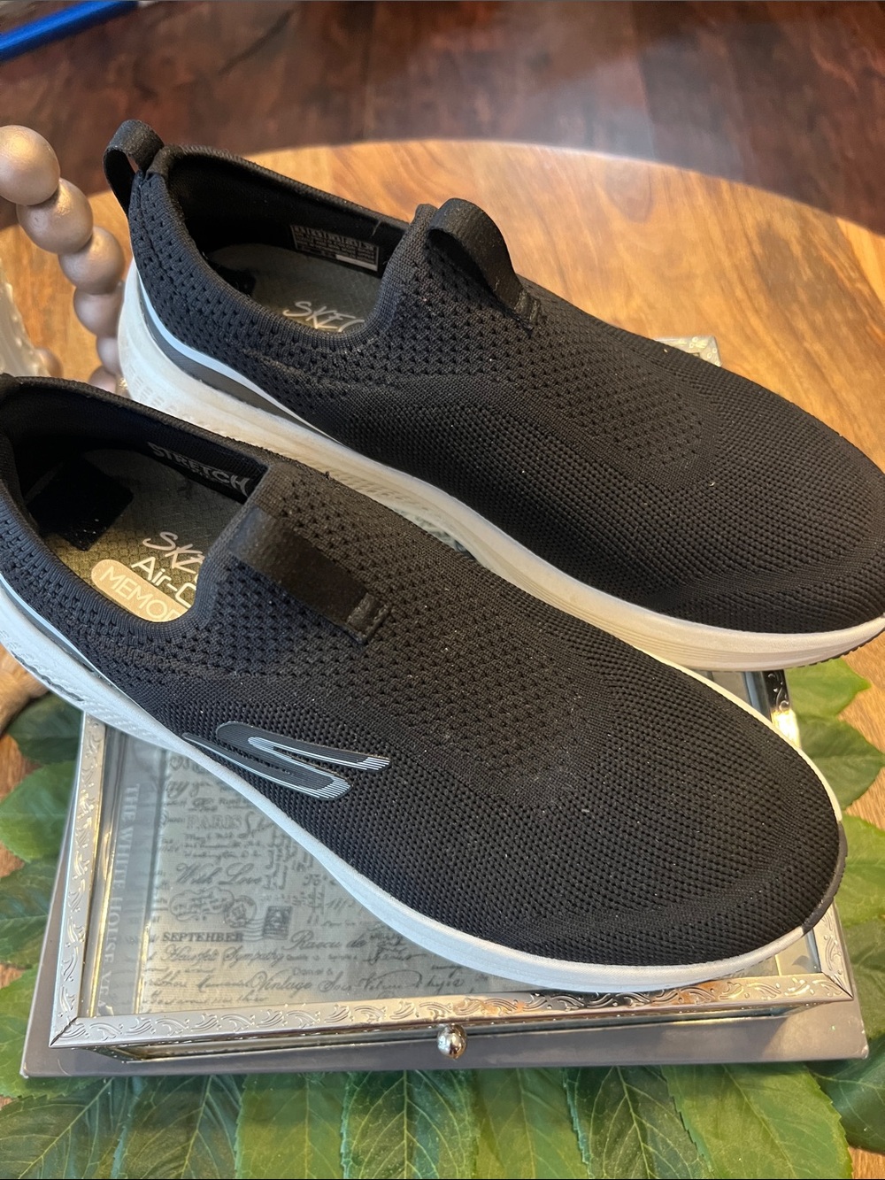 Skechers Black Slip-On Knit Sneakers with White Sole